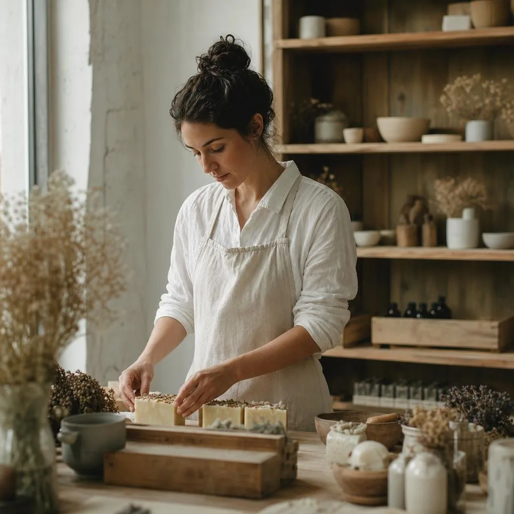 Quiet workspace with soap bars, dried botanicals, and natural light
