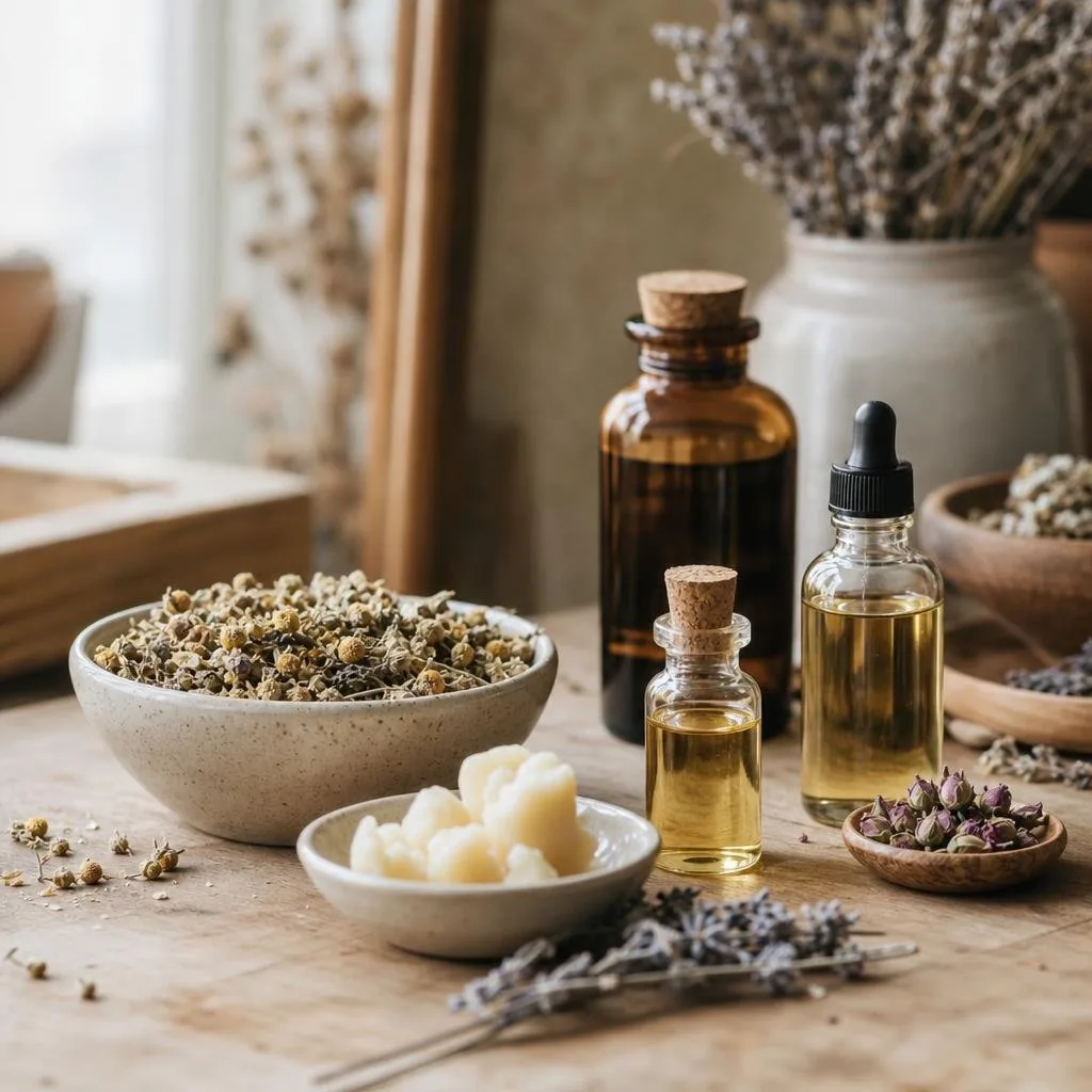 Dried botanicals, shea butter, and cold-pressed oils on a wooden studio counter