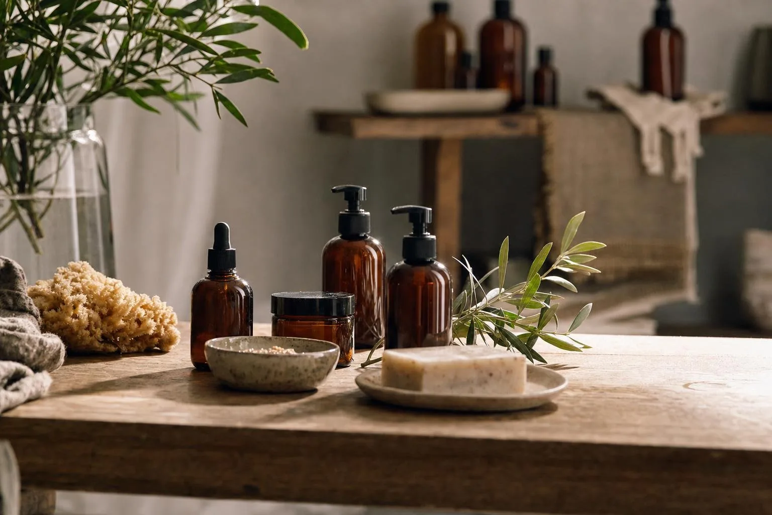 Soft, sunlit bathroom shelf with soap bars, bath salts, and dried botanicals